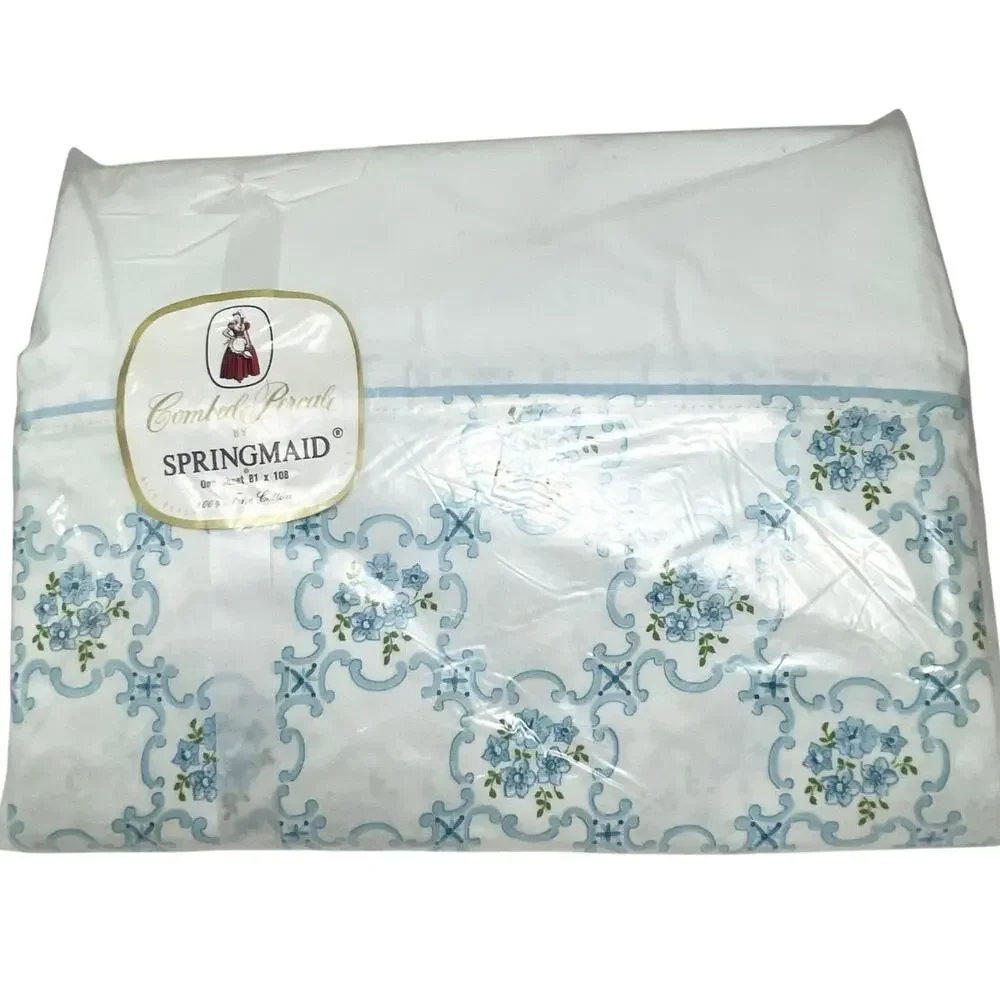 Springmaid Full Size Flat Sheet New Old Stock White with Blue Floral Border
